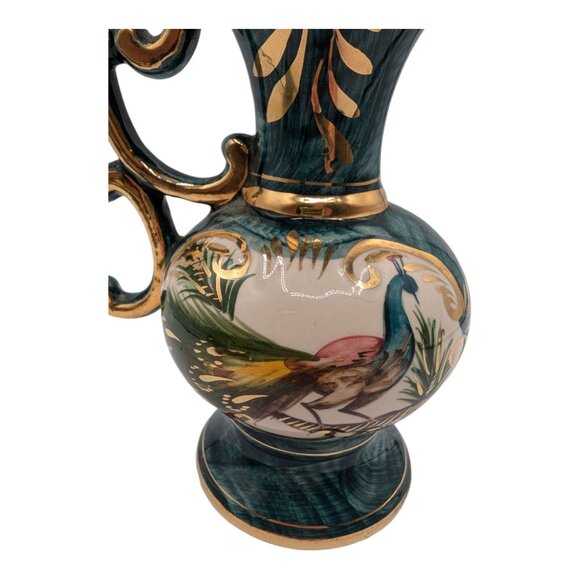 Vintage H. Bequet Quaregnon Belgium Peacock Ceramic Pitcher with Gold Trim - Picture 6 of 11